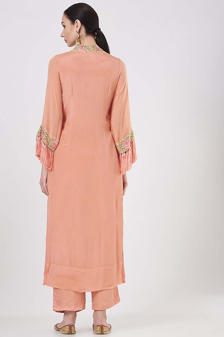 Peach Chinon & Modal Kurta Set by Quench A Thirst at Pernia's Pop Up Shop