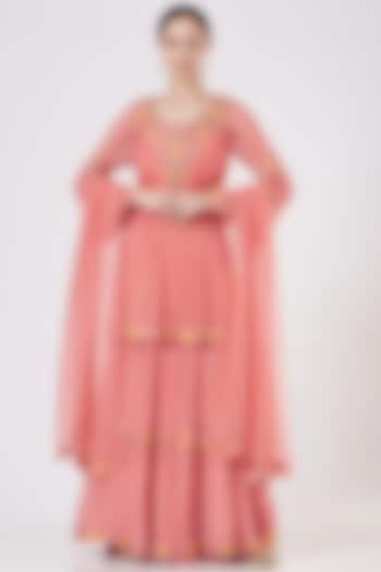 Pink Georgette Draped Sharara Set by Quench A Thirst