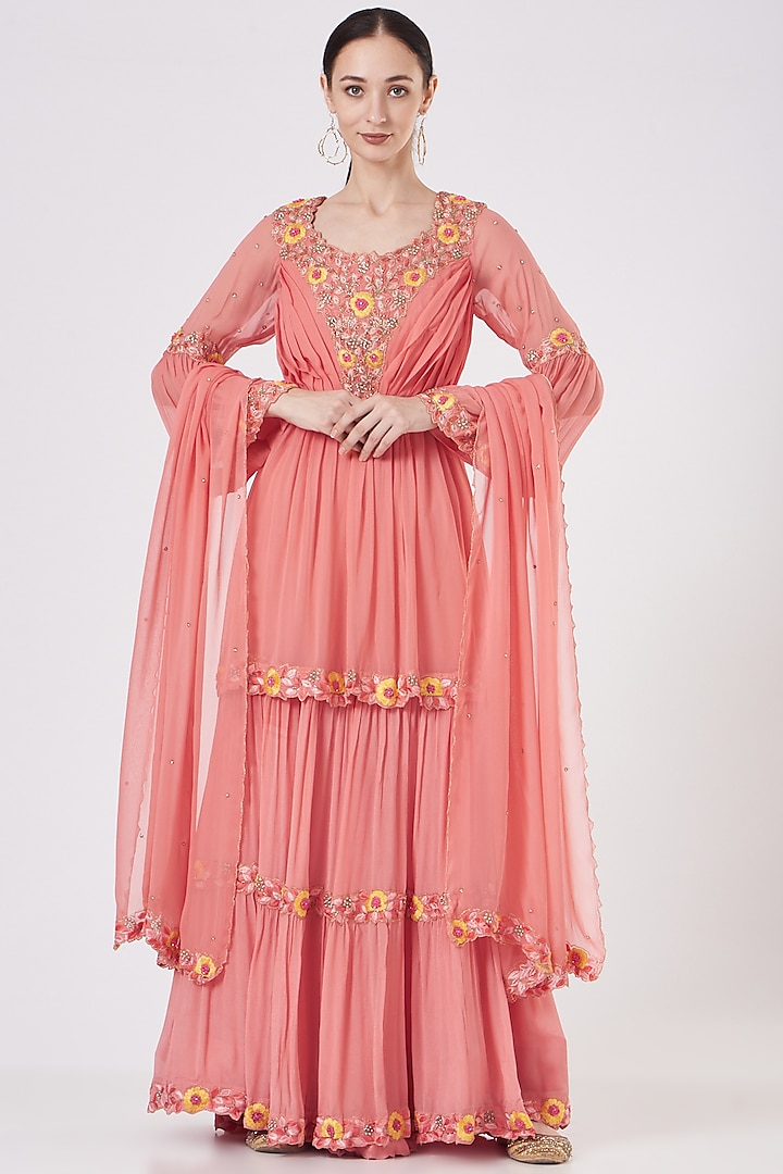 Pink Georgette Draped Sharara Set by Quench A Thirst at Pernia's Pop Up Shop