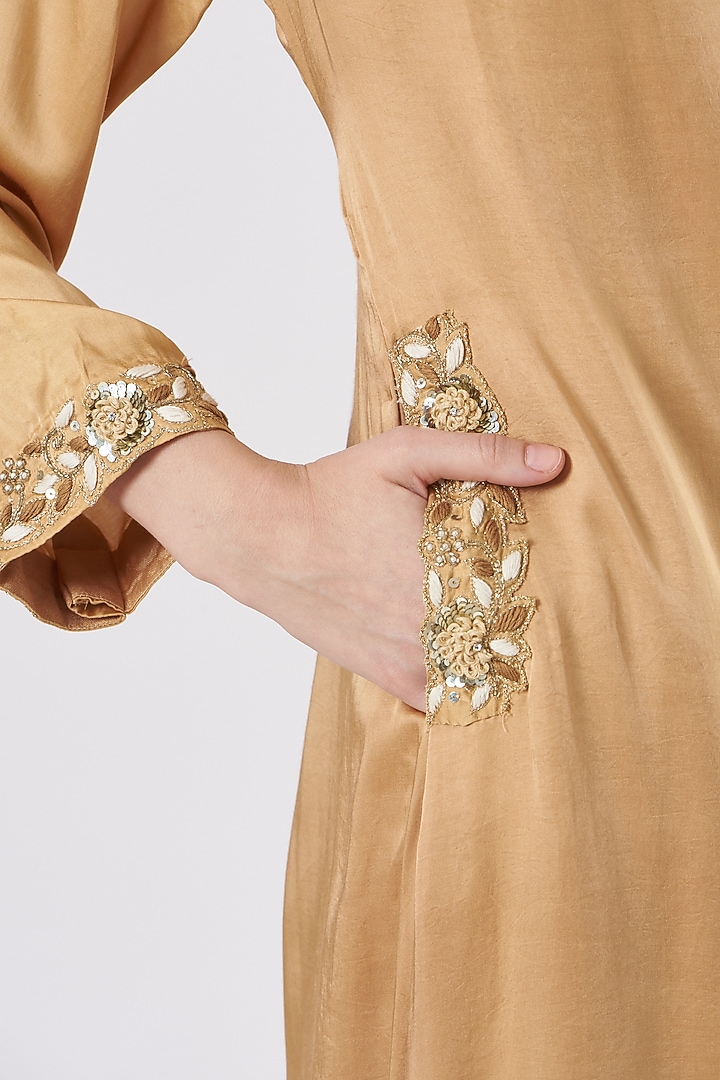 Golden Modal Satin Kurta Set by Quench A Thirst at Pernia's Pop Up Shop