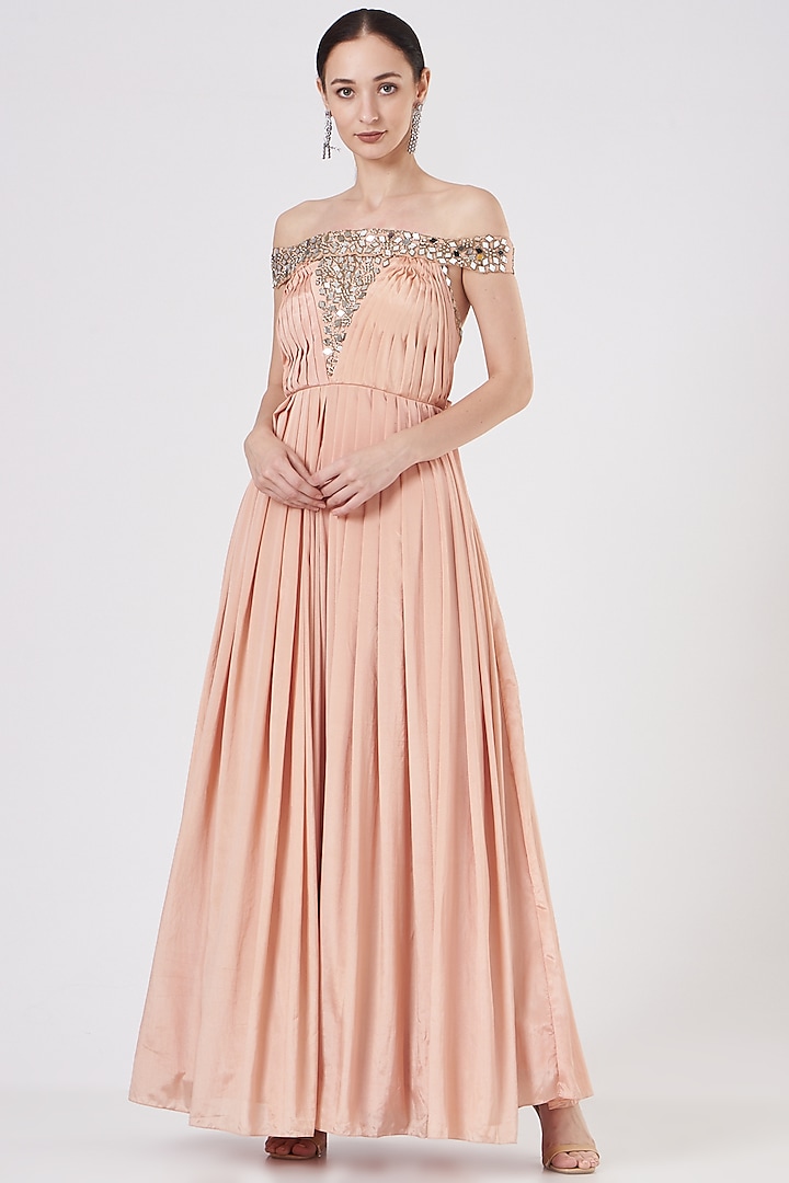 Nude Pink Crepe Embellished Gown by Quench A Thirst