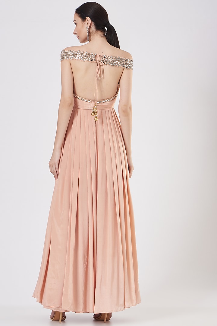 Nude Pink Crepe Mirror Work Party Wear Gown by Quench A Thirst at Pernia's Pop Up Shop