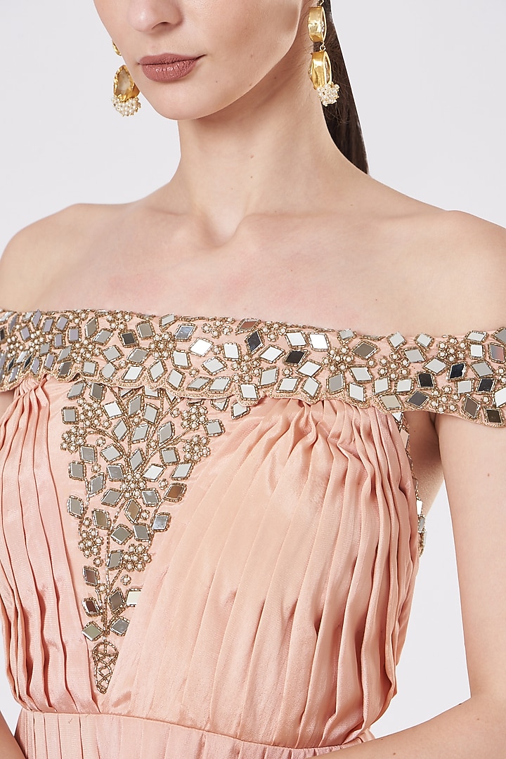 Nude Pink Crepe Mirror Work Party Wear Gown by Quench A Thirst at Pernia's Pop Up Shop