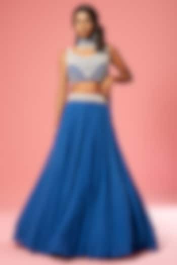 Blue Pure Georgette Embroidered Lehenga Set by Quench A Thirst