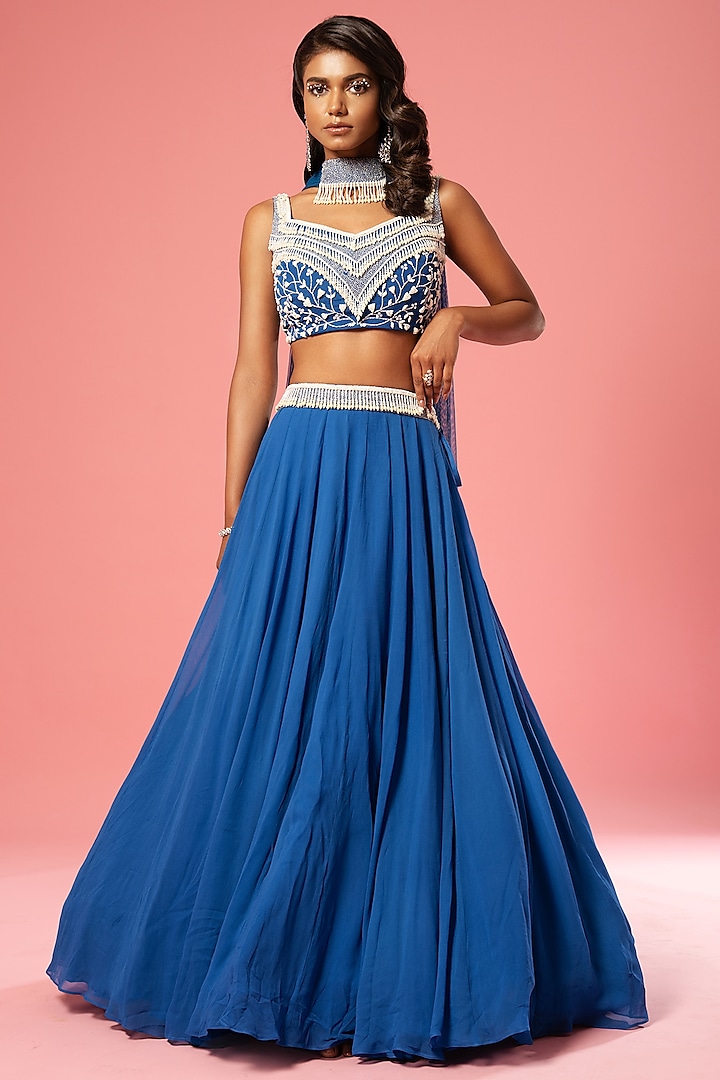 Blue Pure Georgette Embroidered Lehenga Set by Quench A Thirst