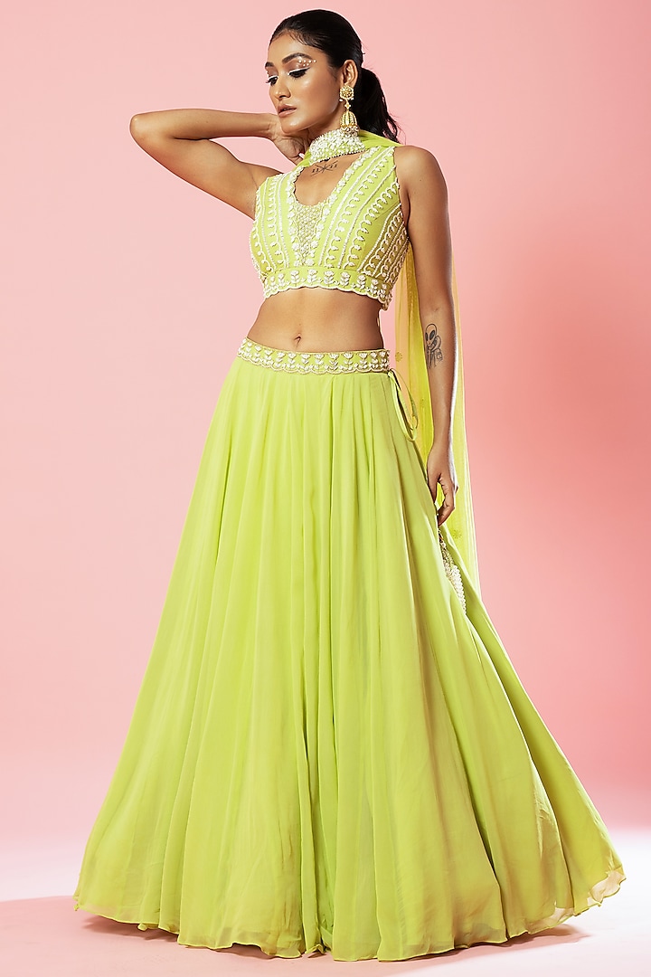Lime Green Pure Georgette Embroidered Lehenga Set by Quench A Thirst