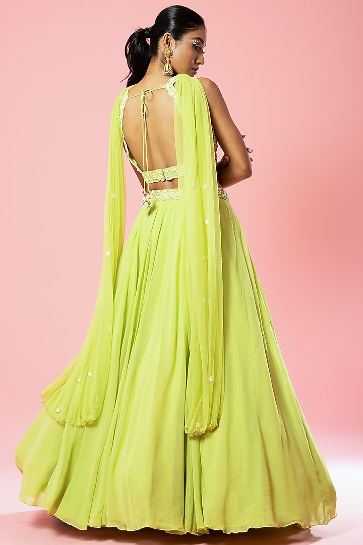 Lime Green Pure Georgette Embroidered Wedding Lehenga Set by Quench A Thirst at Pernia's Pop Up Shop