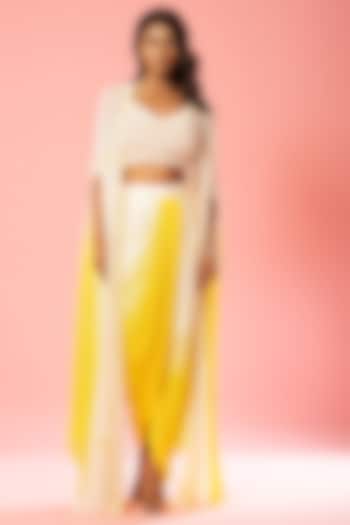 Ivory & Yellow Ombre Georgette & Modal Silk Pre-Draped Skirt Set by Quench A Thirst at Pernia's Pop Up Shop