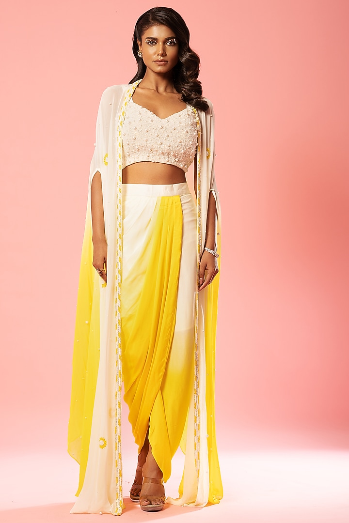 Ivory & Yellow Ombre Georgette & Modal Silk Pre-Draped Skirt Set by Quench A Thirst at Pernia's Pop Up Shop