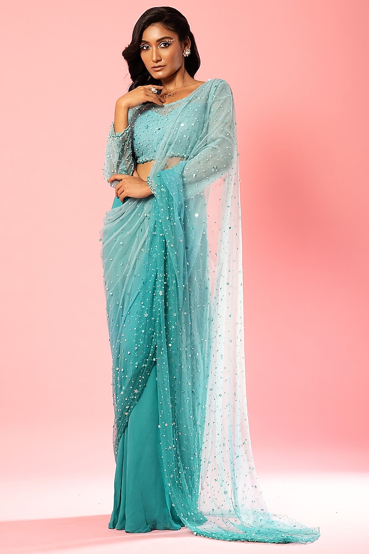 Teal & Powder Blue Pure Georgette & Net Hand Embroidered Pre-Stitched Saree Set by Quench A Thirst