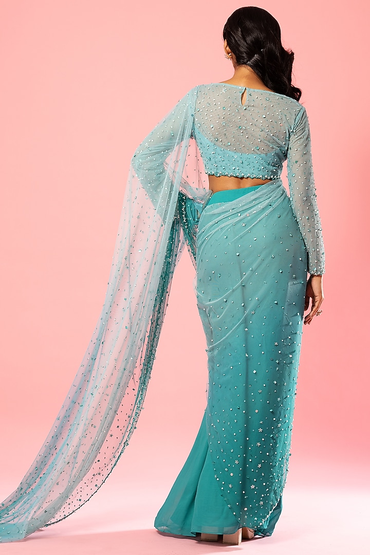 Teal & Powder Blue Pure Georgette & Net Hand Embroidered Pre-Stitched Wedding Saree Set by Quench A Thirst at Pernia's Pop Up Shop