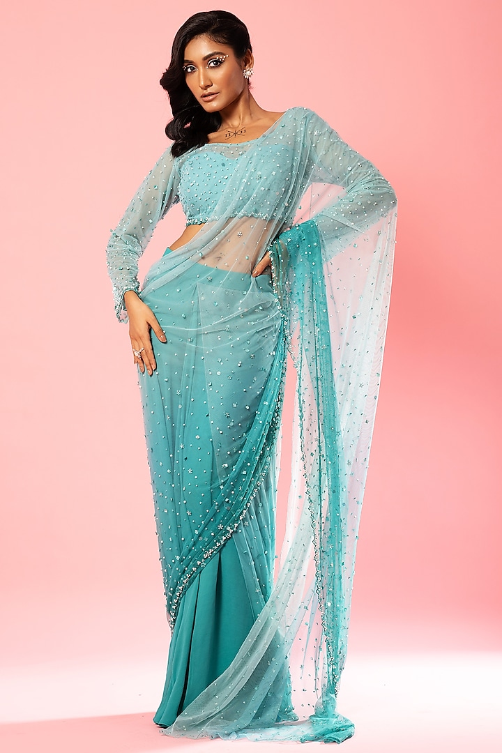 Teal & Powder Blue Pure Georgette & Net Hand Embroidered Pre-Stitched Wedding Saree Set by Quench A Thirst at Pernia's Pop Up Shop