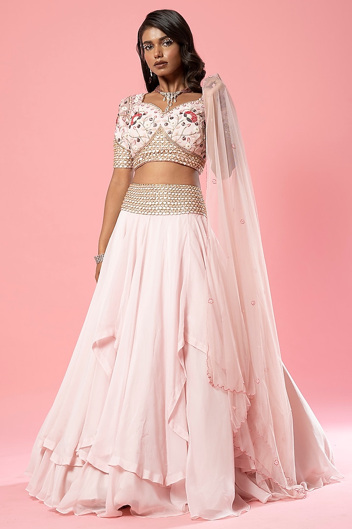 Baby Pink Organza Embroidered Lehenga Set by Quench A Thirst