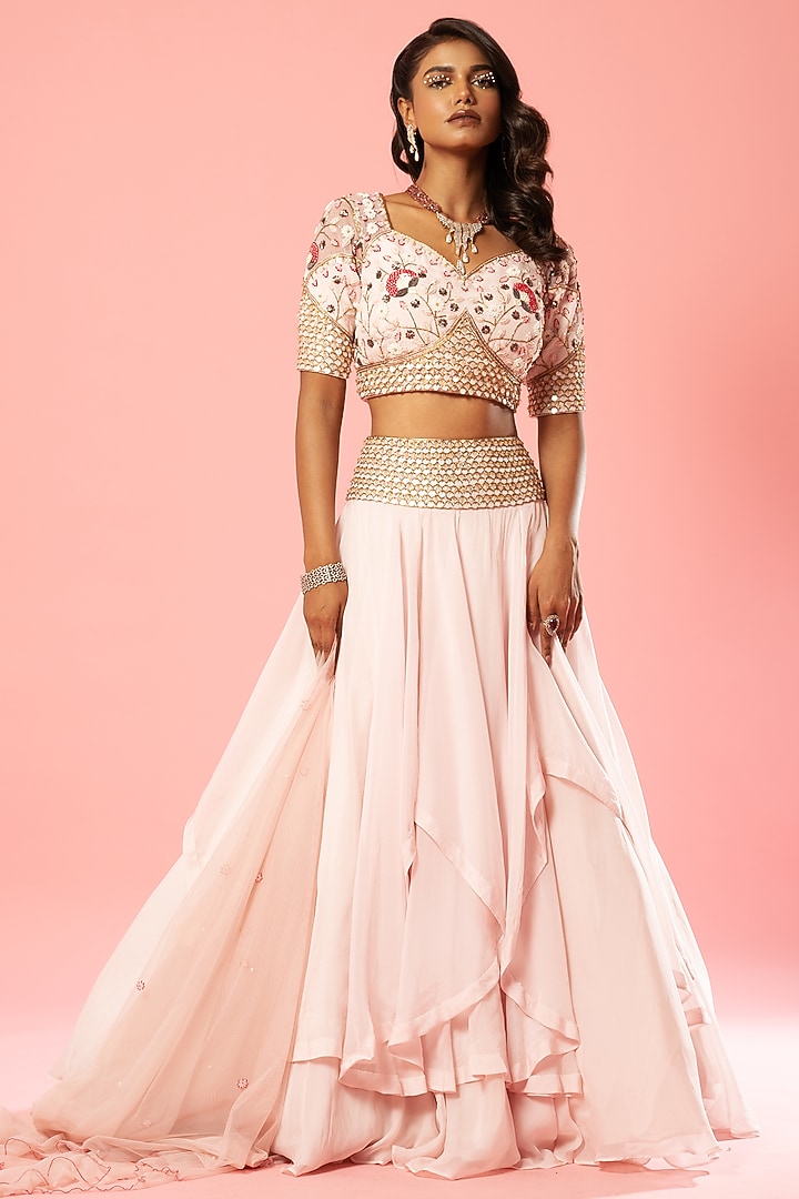 Baby Pink Organza Embroidered Wedding Lehenga Set by Quench A Thirst at Pernia's Pop Up Shop