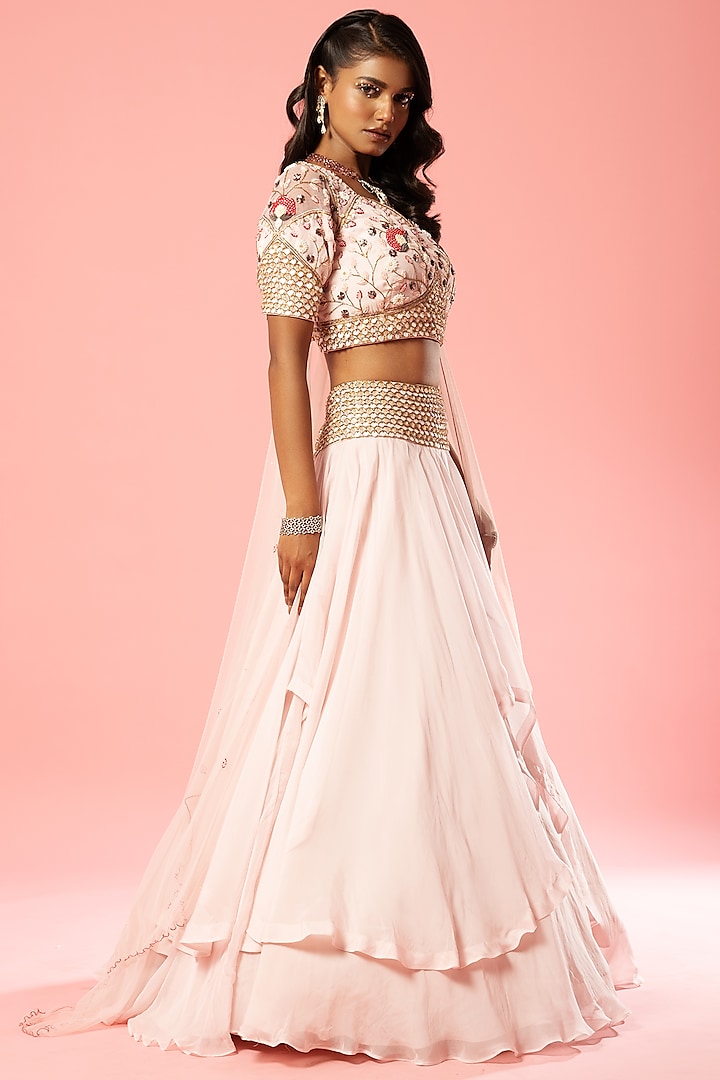 Baby Pink Organza Embroidered Wedding Lehenga Set by Quench A Thirst at Pernia's Pop Up Shop