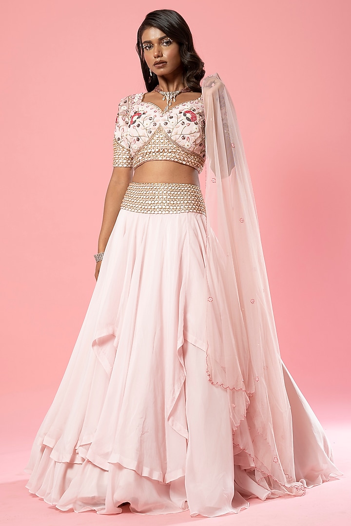Baby Pink Organza Embroidered Wedding Lehenga Set by Quench A Thirst at Pernia's Pop Up Shop