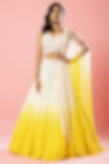 Ivory & yellow Ombre Pure Georgette Embroidered Lehenga Set by Quench A Thirst