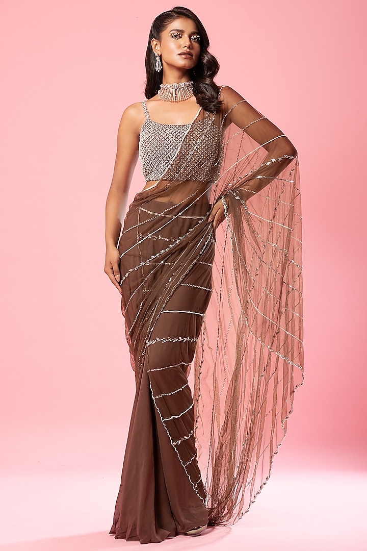 Coffee Brown  Pure Georgette & Net Hand-Embroidered Pre-Stitched Saree Set by Quench A Thirst