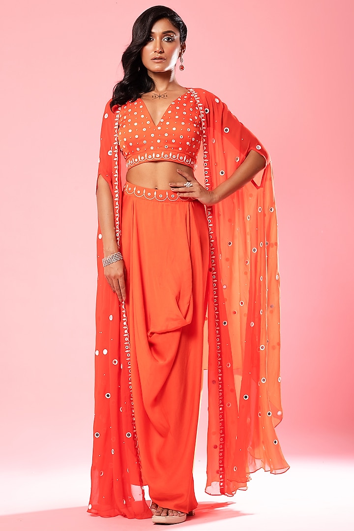 Tangerine Orange Pure Georgette Embroidered Cape Set by Quench A Thirst