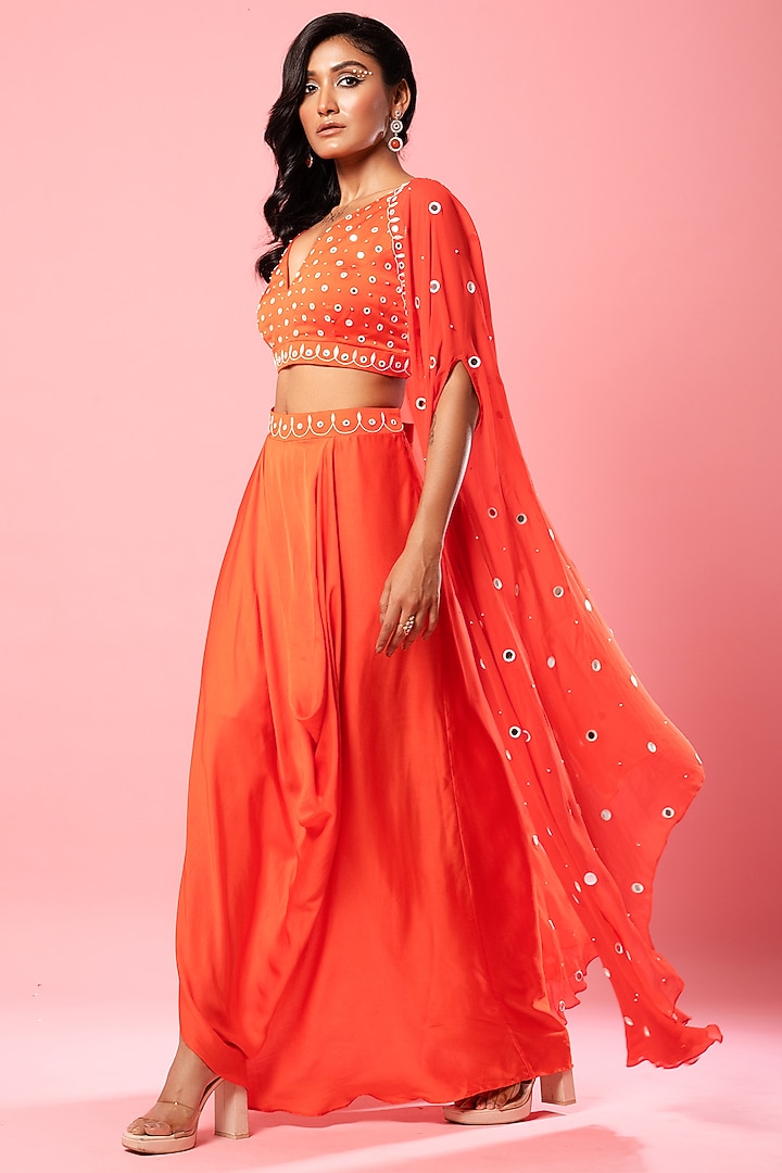Tangerine Orange Pure Georgette Embroidered Cape Set by Quench A Thirst at Pernia's Pop Up Shop