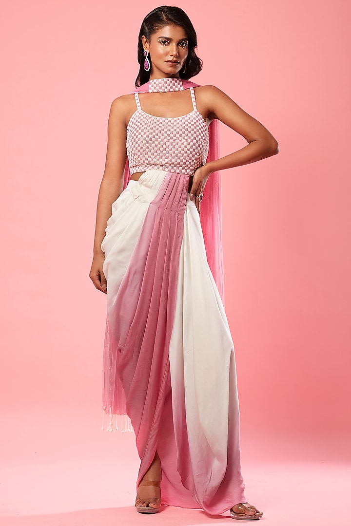 Ivory & Pink Modal Satin Ombre Pre-Draped Dress With Dupatta by Quench A Thirst