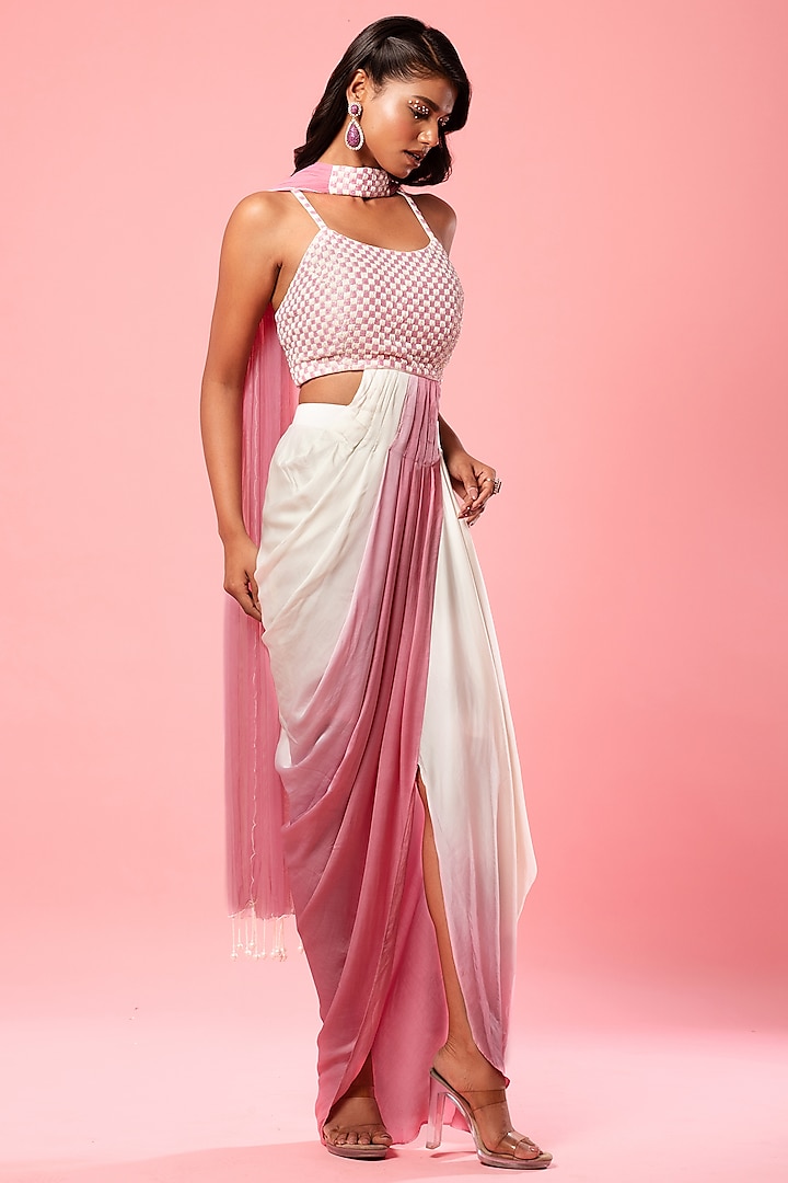 Ivory & Pink Modal Satin Ombre Pre-Draped Vacation Dress With Dupatta by Quench A Thirst at Pernia's Pop Up Shop