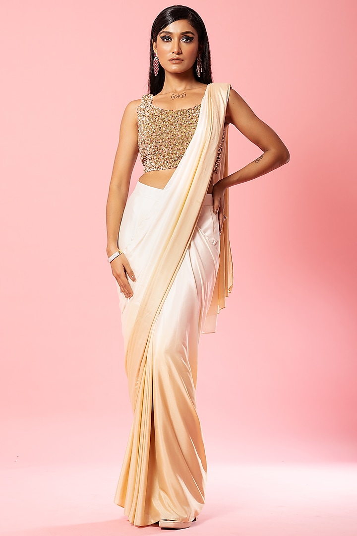 Ivory & Golden Ombre Crepe Pre-Stitched Ombre Saree Set by Quench A Thirst