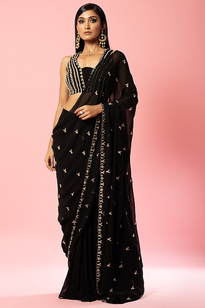 Black Pure Georgette Embroidered Pre-Stitched Saree Set by Quench A Thirst