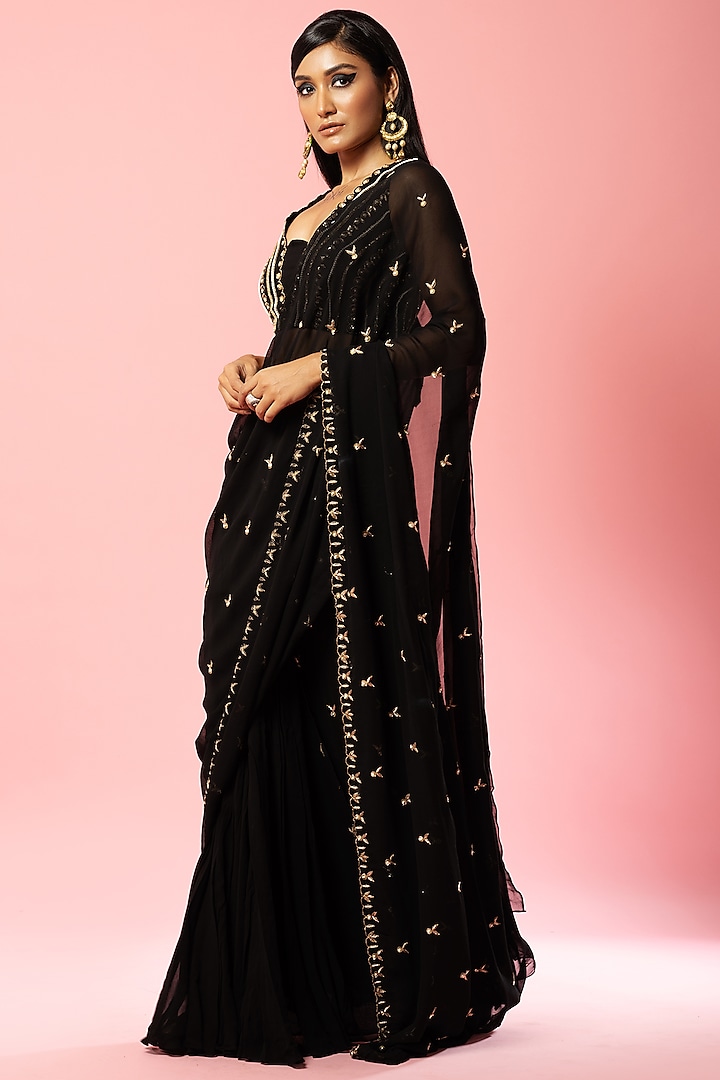 Black Pure Georgette Embroidered Pre-Stitched Wedding Saree Set by Quench A Thirst at Pernia's Pop Up Shop