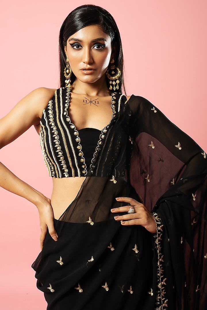 Black Pure Georgette Embroidered Pre-Stitched Wedding Saree Set by Quench A Thirst at Pernia's Pop Up Shop