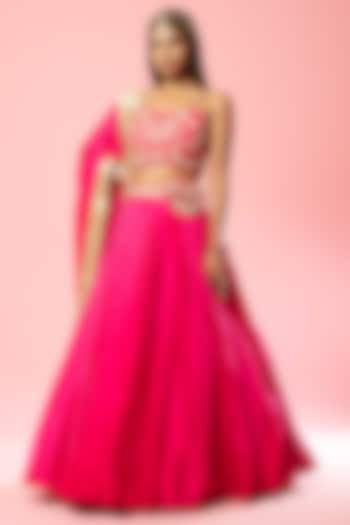 Hot Pink Modal Satin Hand Embroidered Lehenga Set by Quench A Thirst