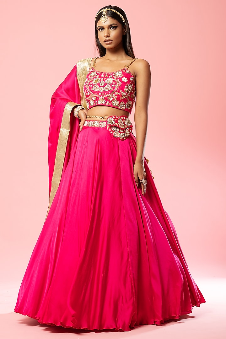 Hot Pink Modal Satin Hand Embroidered Lehenga Set by Quench A Thirst