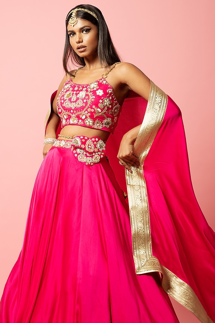 Hot Pink Modal Satin Hand Embroidered Wedding Lehenga Set by Quench A Thirst at Pernia's Pop Up Shop