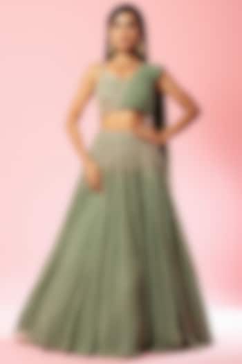 Sage Green Pure Georgette Hand Embroidered Draped Lehenga Set by Quench A Thirst
