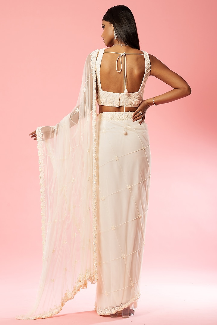 Ivory Pure Georgette Hand Embroidered Pre-Stitched Wedding Saree Set by Quench A Thirst at Pernia's Pop Up Shop