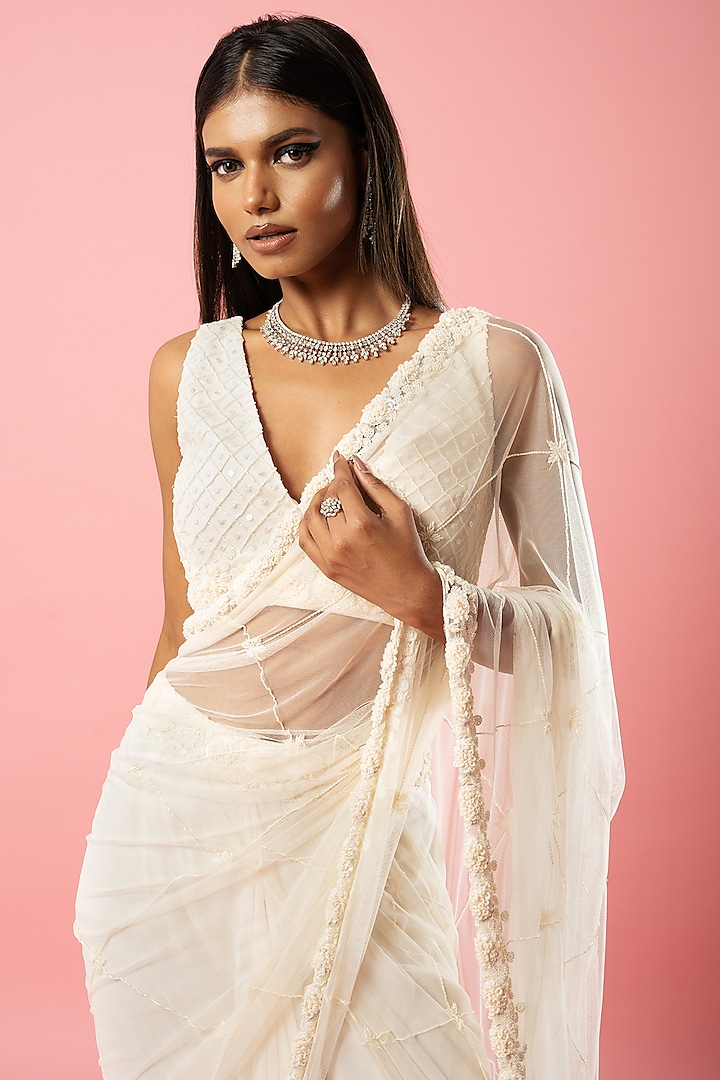 Ivory Pure Georgette Hand Embroidered Pre-Stitched Wedding Saree Set by Quench A Thirst at Pernia's Pop Up Shop