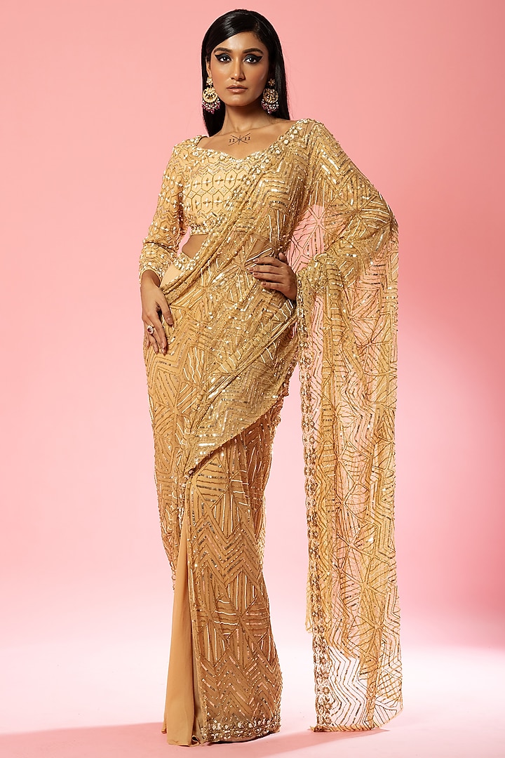 Golden Pure Georgette & Net Hand Embroidered Pre- Stitched Saree Set by Quench A Thirst