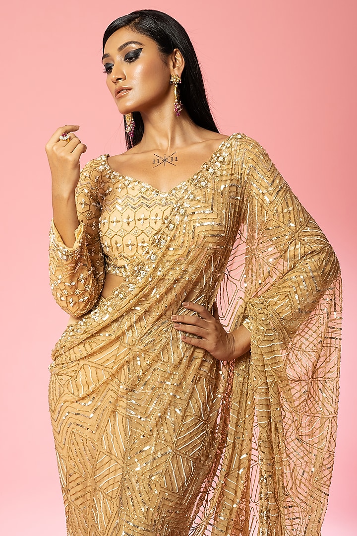 Golden Pure Georgette & Net Hand Embroidered Pre- Stitched Reception Saree Set by Quench A Thirst at Pernia's Pop Up Shop