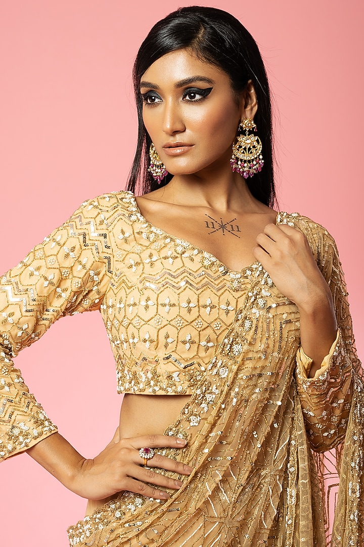 Golden Pure Georgette & Net Hand Embroidered Pre- Stitched Reception Saree Set by Quench A Thirst at Pernia's Pop Up Shop