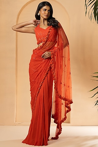 Orange Georgette Sequins Embroidered Pre-Stitched Saree Set by Quench A Thirst