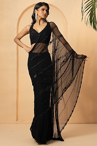 Black Georgette Sequins Embroidered Pre-Stitched Saree Set by Quench A Thirst