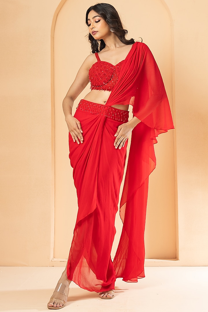 Red Georgette Sequins Embroidered Pre-Stitched Saree Set by Quench A Thirst at Pernia's Pop Up Shop