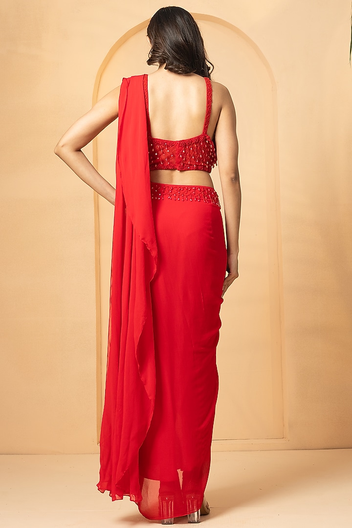 Red Georgette Sequins Embroidered Pre-Stitched Wedding Saree Set by Quench A Thirst at Pernia's Pop Up Shop