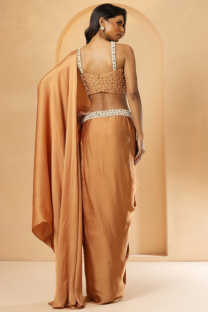 Golden Modal Satin Pre-Stitched Wedding Saree Set by Quench A Thirst at Pernia's Pop Up Shop