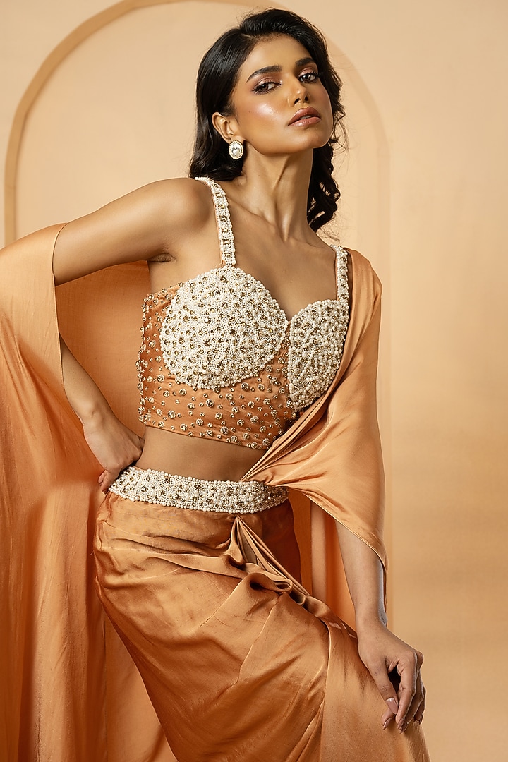 Golden Modal Satin Pre-Stitched Wedding Saree Set by Quench A Thirst at Pernia's Pop Up Shop