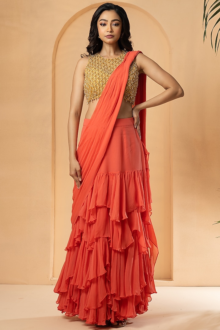 Peach Georgette Pre-Stitched Ruffled Saree Set by Quench A Thirst at Pernia's Pop Up Shop