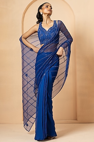 Blue Georgette Sequins Embroidered Pre-Stitched Saree Set by Quench A Thirst