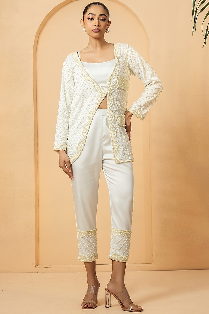 Ivory Modal Satin Pearl Hand Embroidered Blazer Set by Quench A Thirst at Pernia's Pop Up Shop