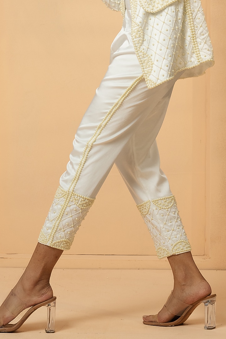 Ivory Modal Satin Pearl Hand Embroidered Blazer Set by Quench A Thirst at Pernia's Pop Up Shop