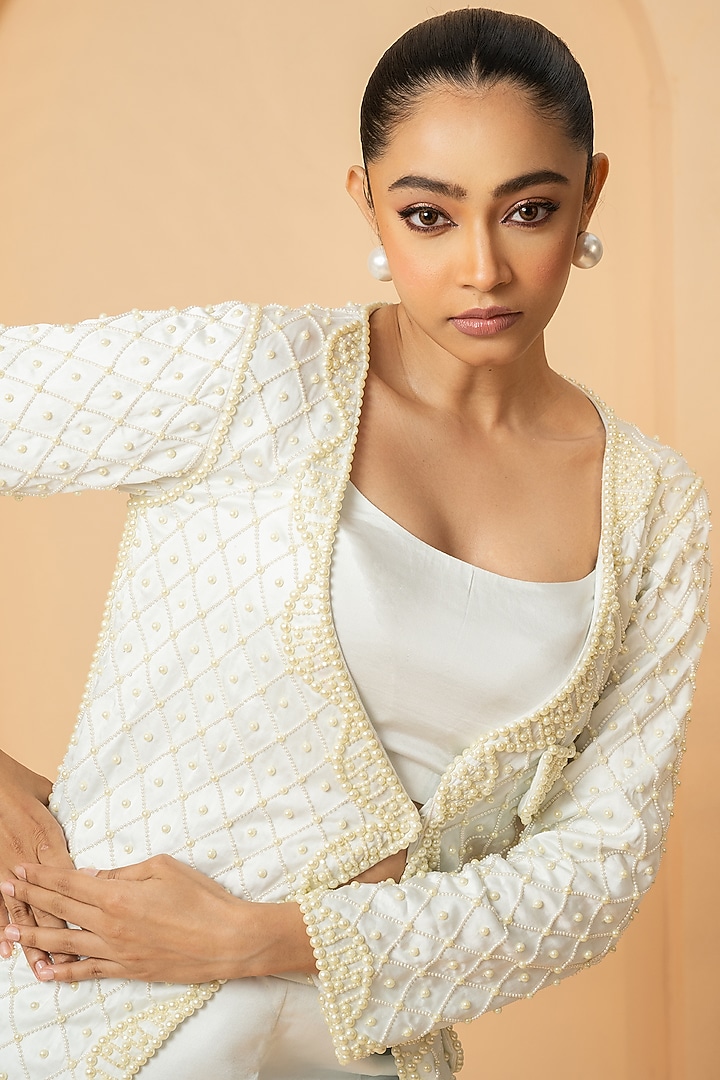 Ivory Modal Satin Pearl Hand Embroidered Blazer Set by Quench A Thirst at Pernia's Pop Up Shop
